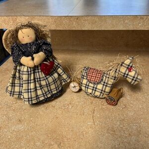 Handmade Country Cottage Christmas Decorations set of 2, Angel & Rocking Horse